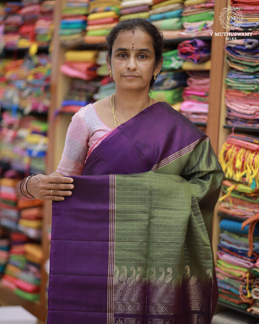 Light Green With Purply Magenta - Handloom Soft Silk