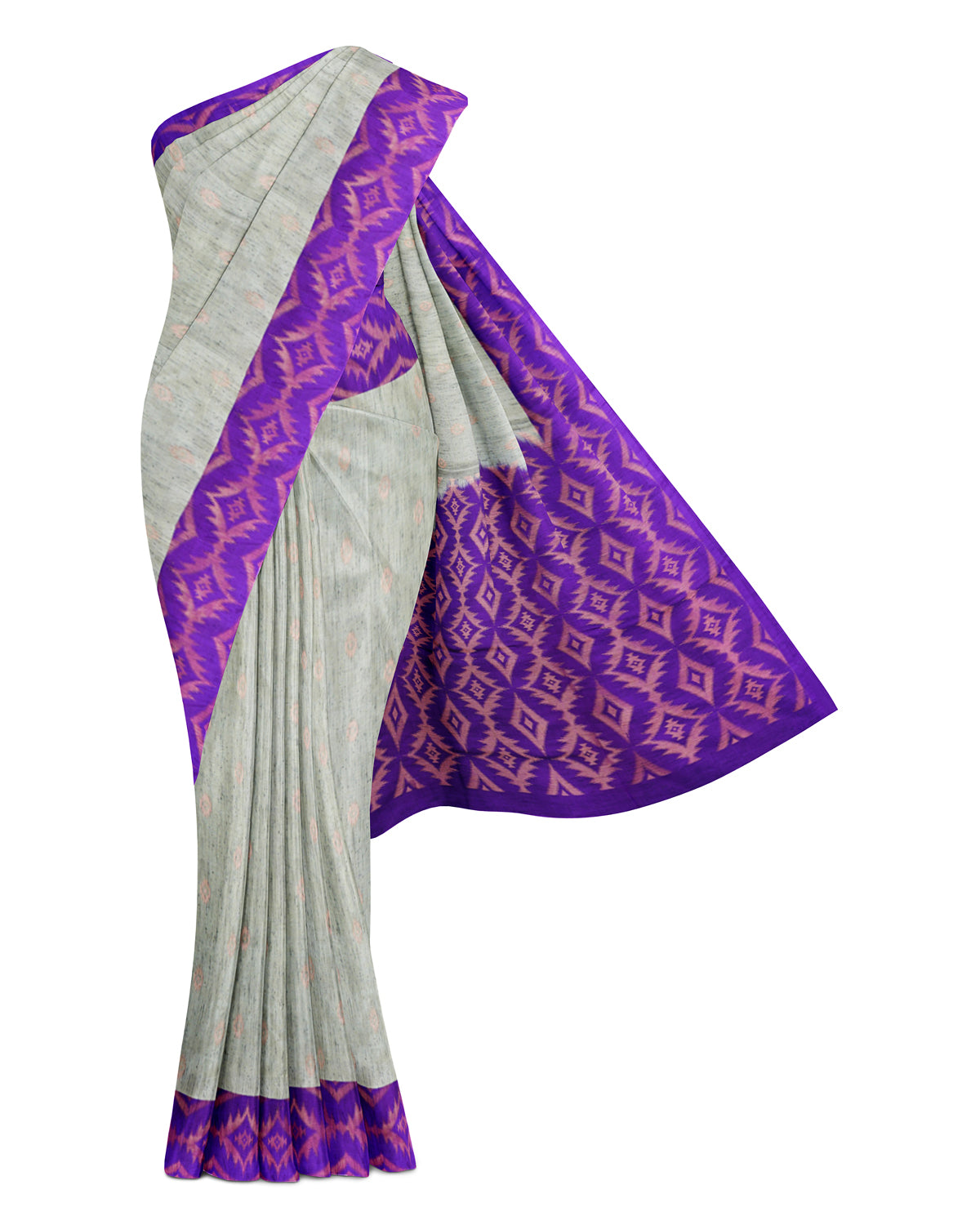 Dupion Semi soft silk grey with purple pallu