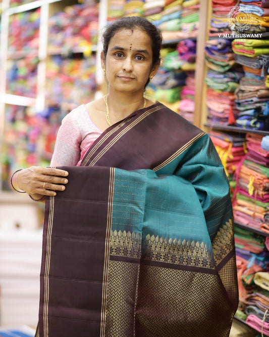 Teal Blue With Dark Brown - Handloom Soft Silk