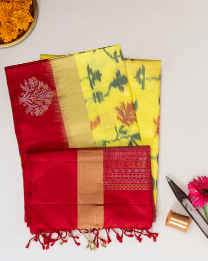 LEMON YELLOW  COLOUR IKAT SOFT SILK SAREE