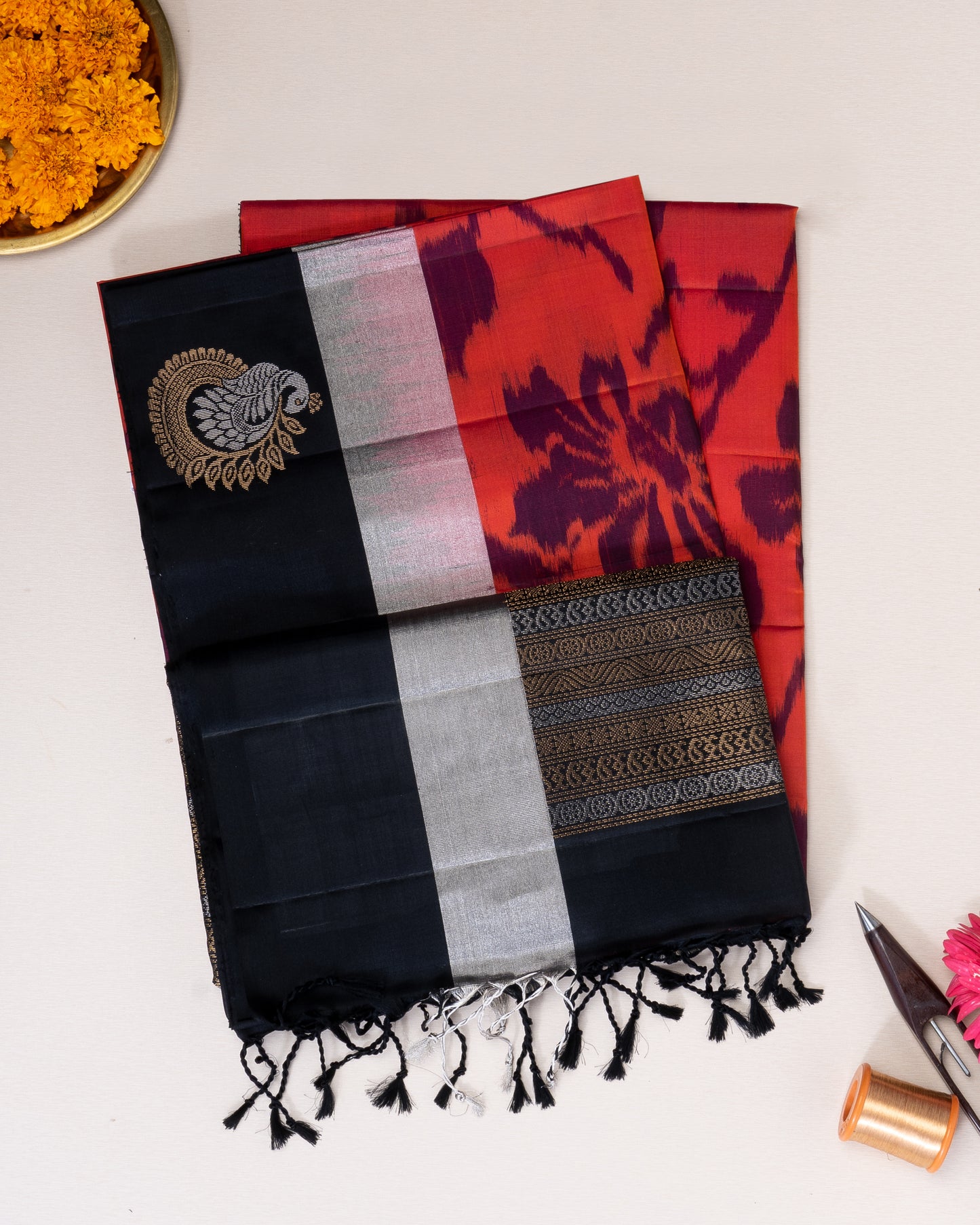 RED WITH BLACK COLOUR IKAT SOFT SILK SAREE