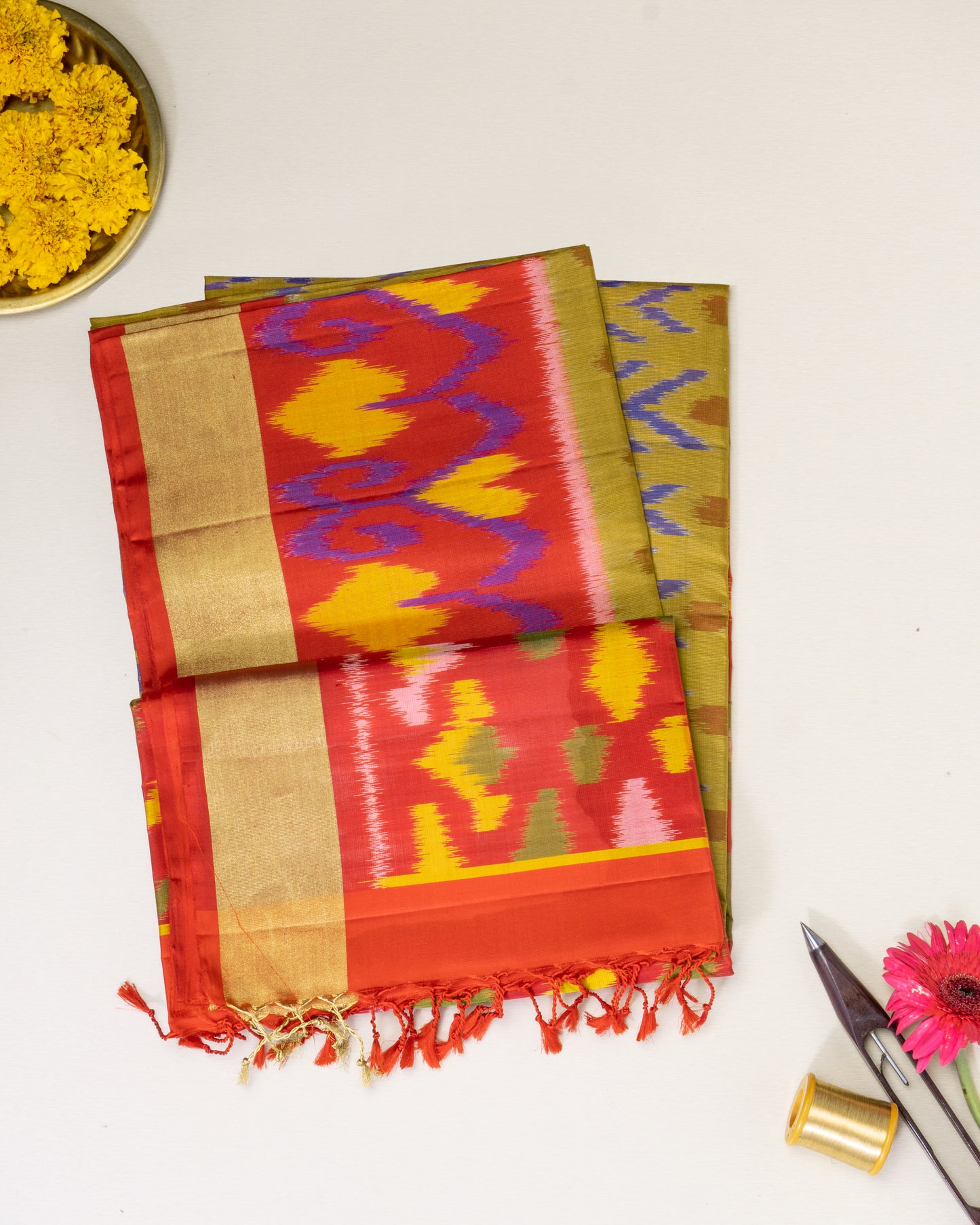 MASTARD COLOUR IKAT SOFT SILK SAREE