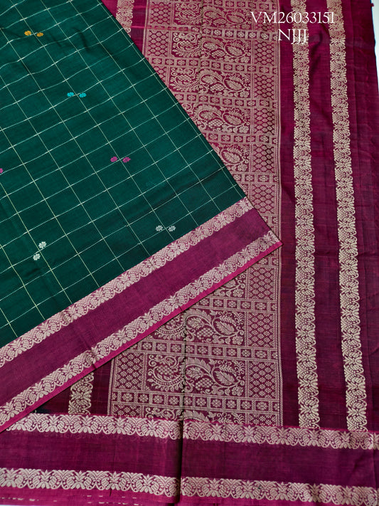 Bottle green colour Handloom Pure Cotton Saree