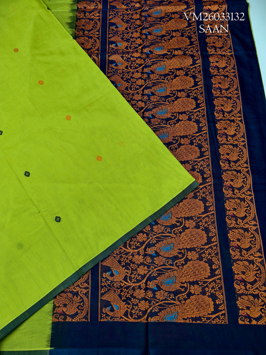 Bright olive green Handloom Pure Cotton Saree