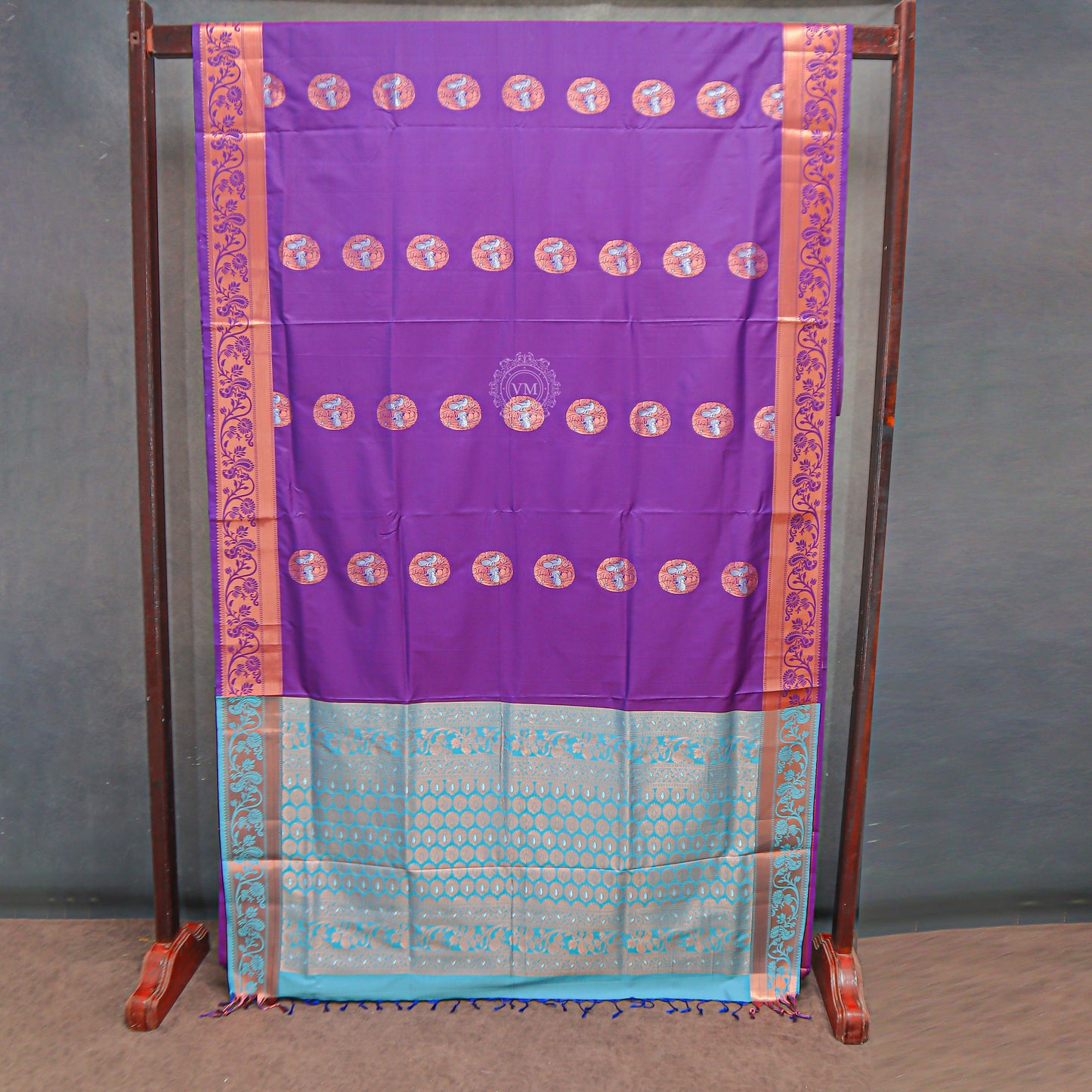 VM Purple Magenta with Fountain Blue Semi soft silk saree VM23075006