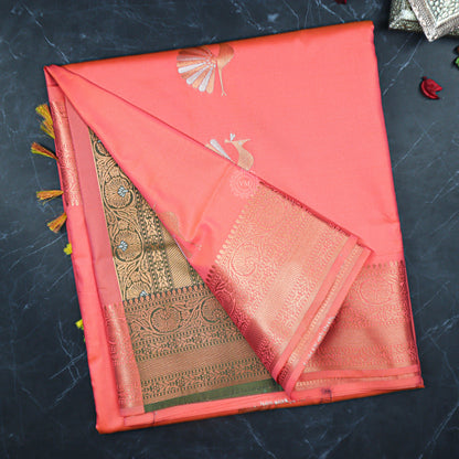 VM Orangy Red with Greenish Yellow Semi soft silk saree VM23075014