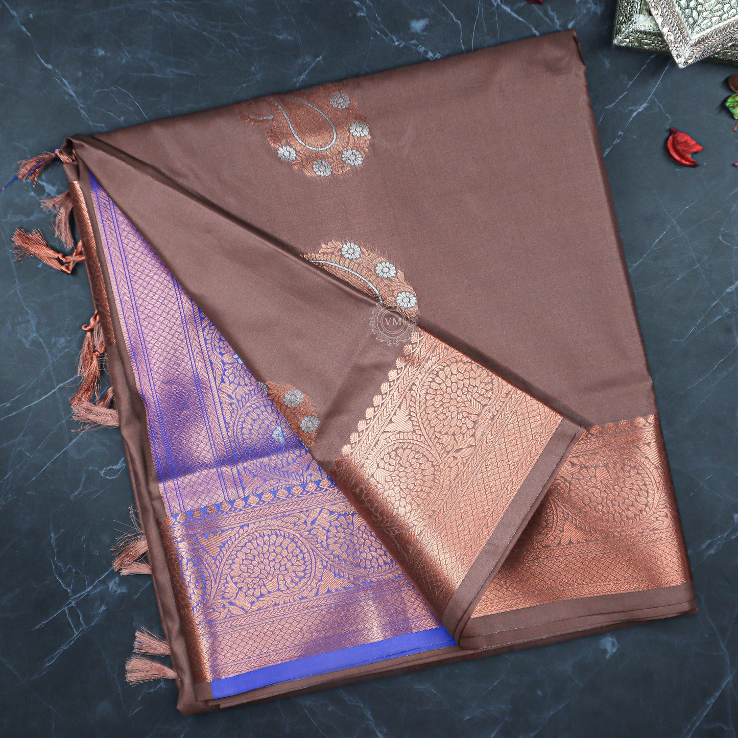 VM23075020 Brown with Blue Purple Semi soft silk saree