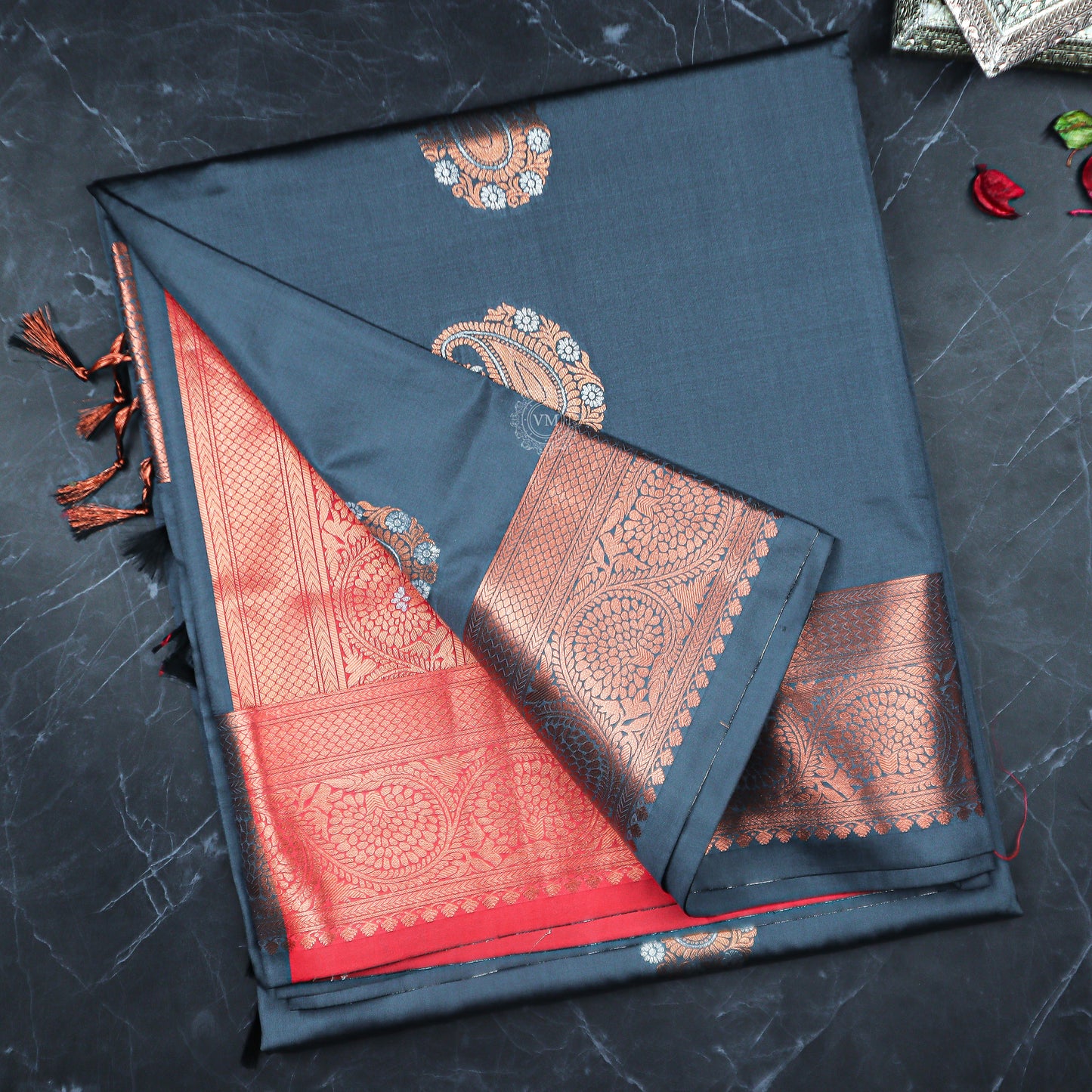 VM Grey with Red Semi soft silk saree VM23075013