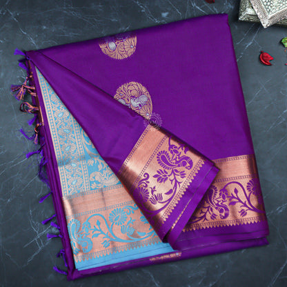 VM Purple Magenta with Fountain Blue Semi soft silk saree VM23075006