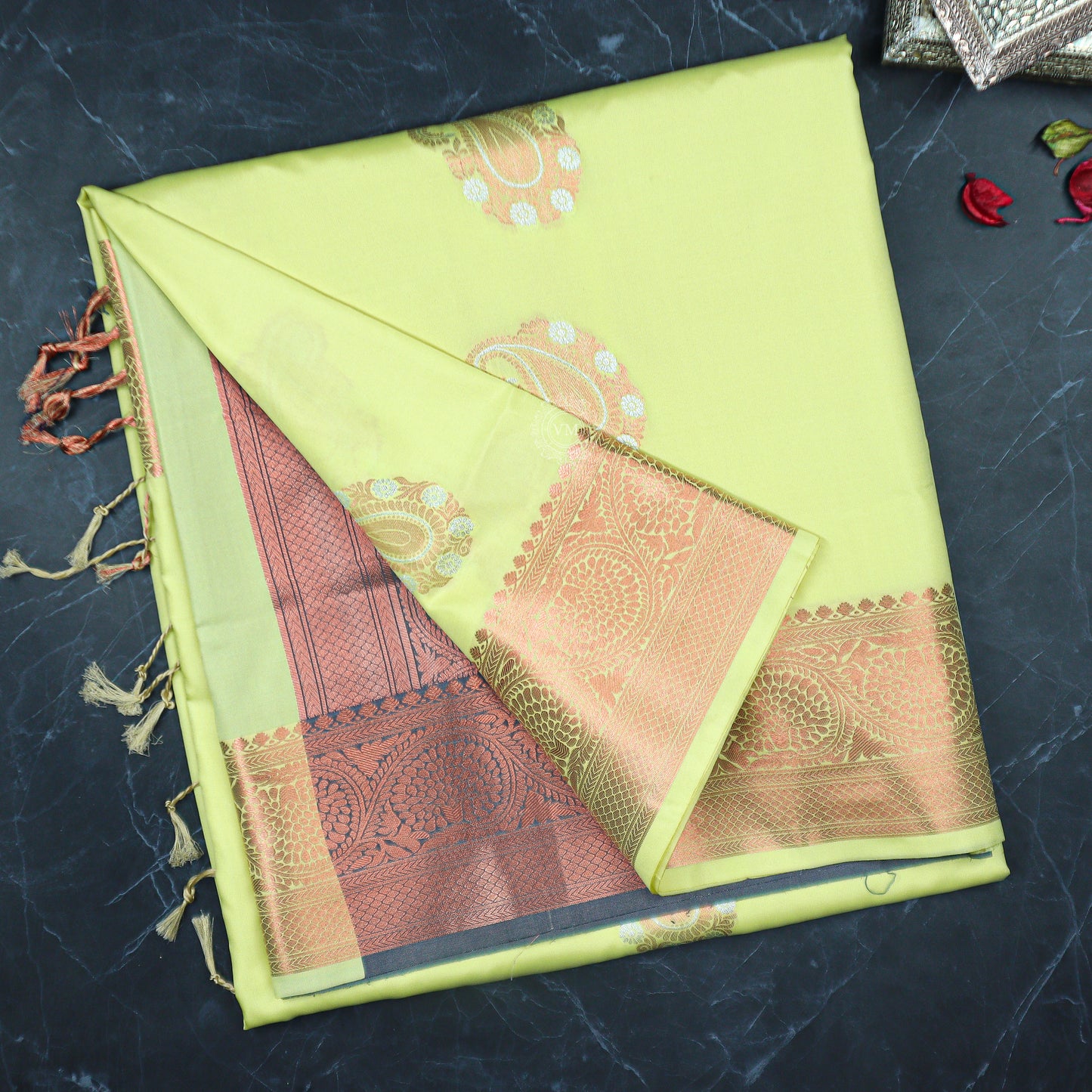 VM Greenish Yellow with Grey Semi soft silk saree VM23075009