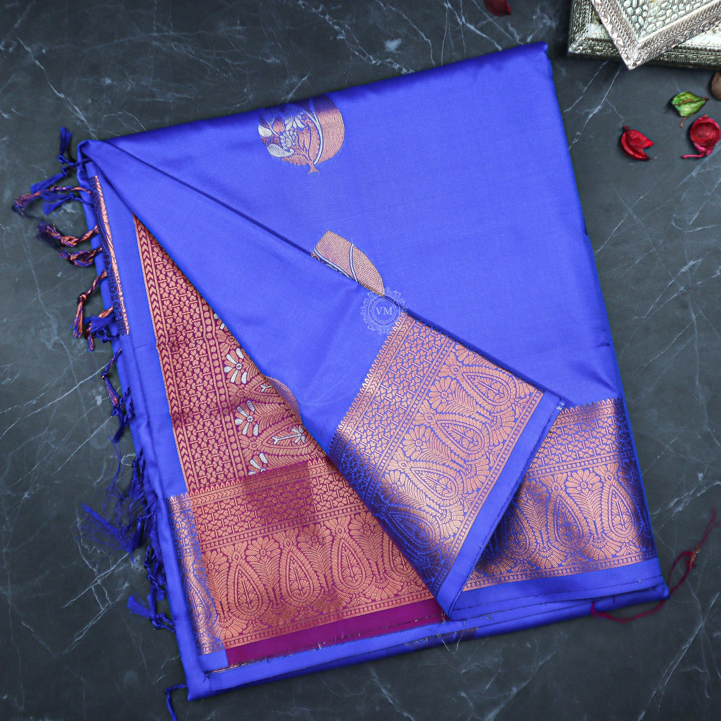 VM Blue with Maroon Semi soft silk saree VM23075008