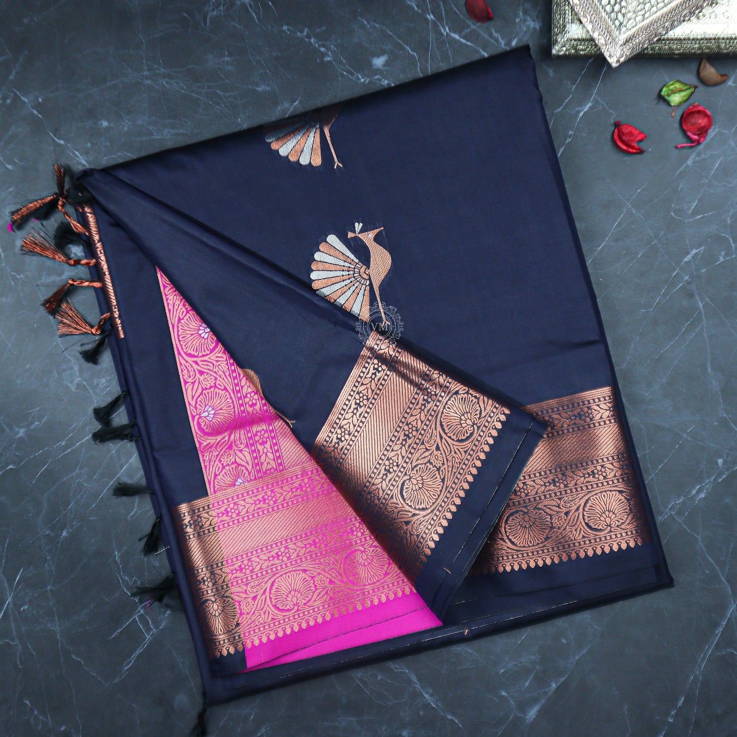 VM Cyan Blue with Pinkish Red Semi soft silk saree VM23075010