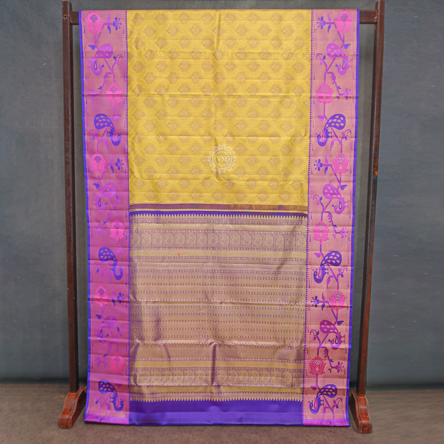 VM23074232 Yellow with Violet blue kanchipuram wedding silk saree