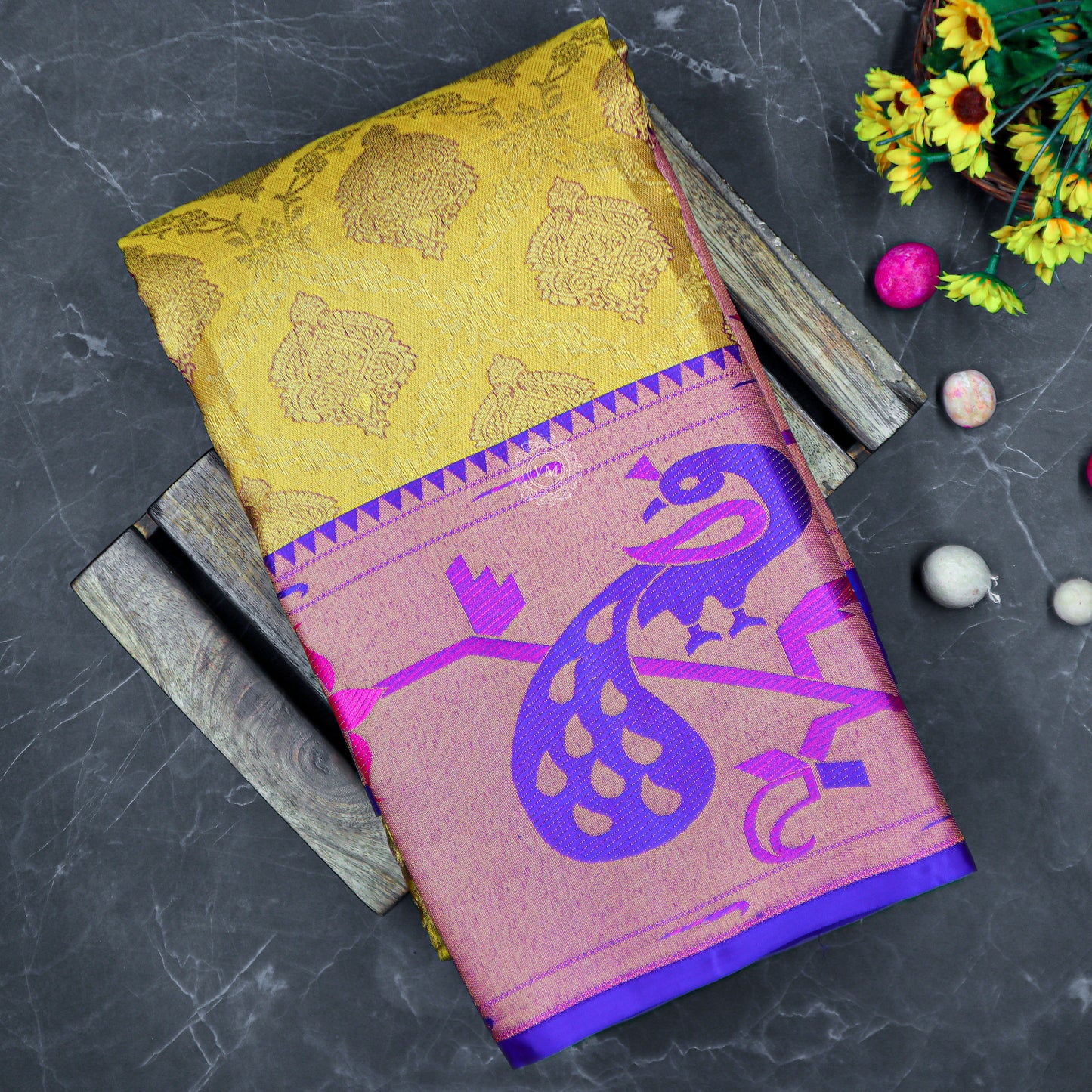 VM23074232 Yellow with Violet blue kanchipuram wedding silk saree