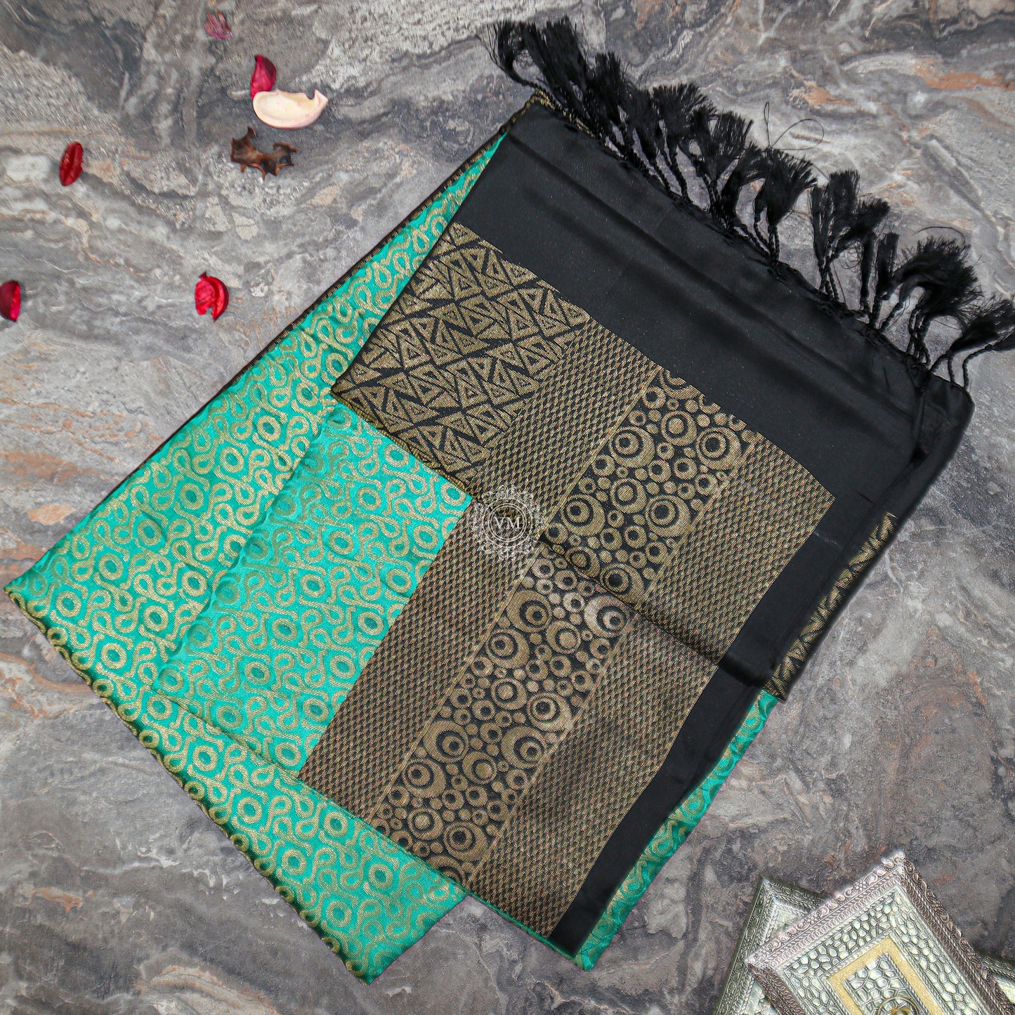 VM Cyan with black Soft silk saree VM23076055