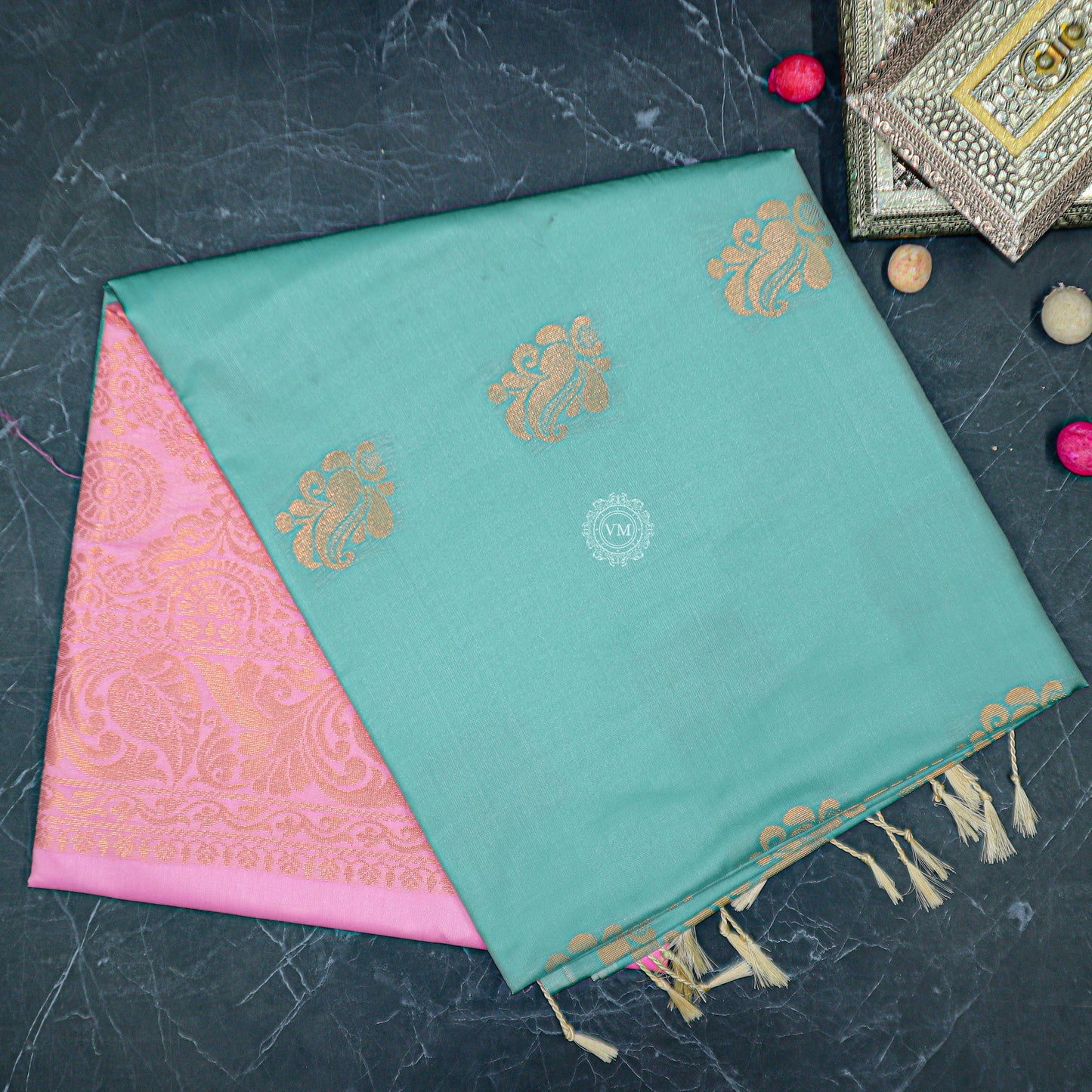 VM12082310 Greenish Cyan with Cadillac Pink Semi soft silk saree