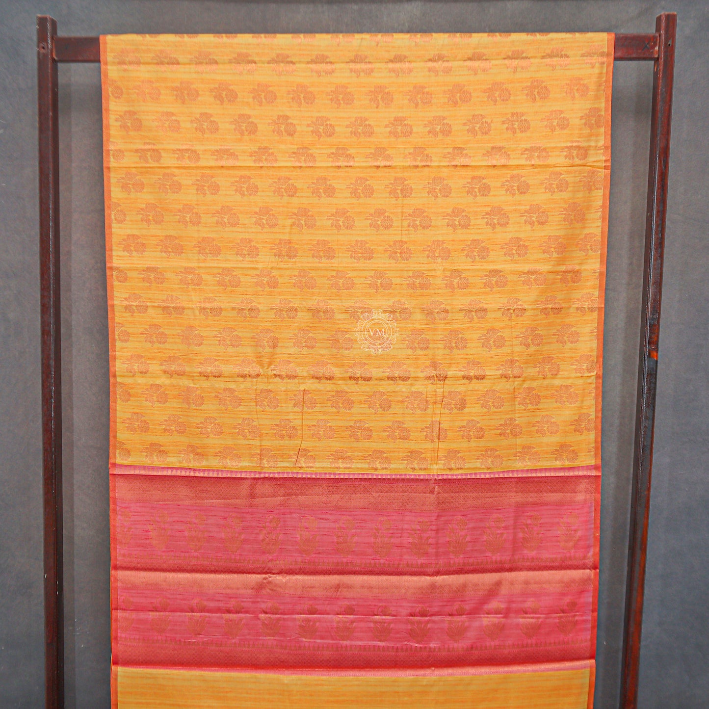 VM23082577 Yellowish orange with red Semi soft silk saree