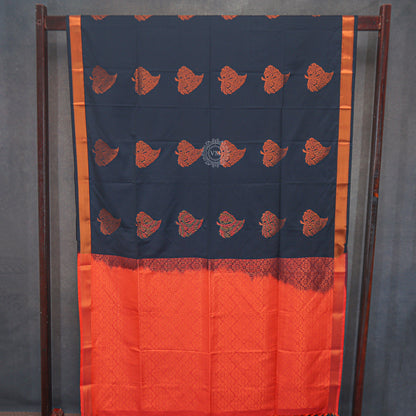 VM23083528 Black with Reddish orange Semi soft silk saree