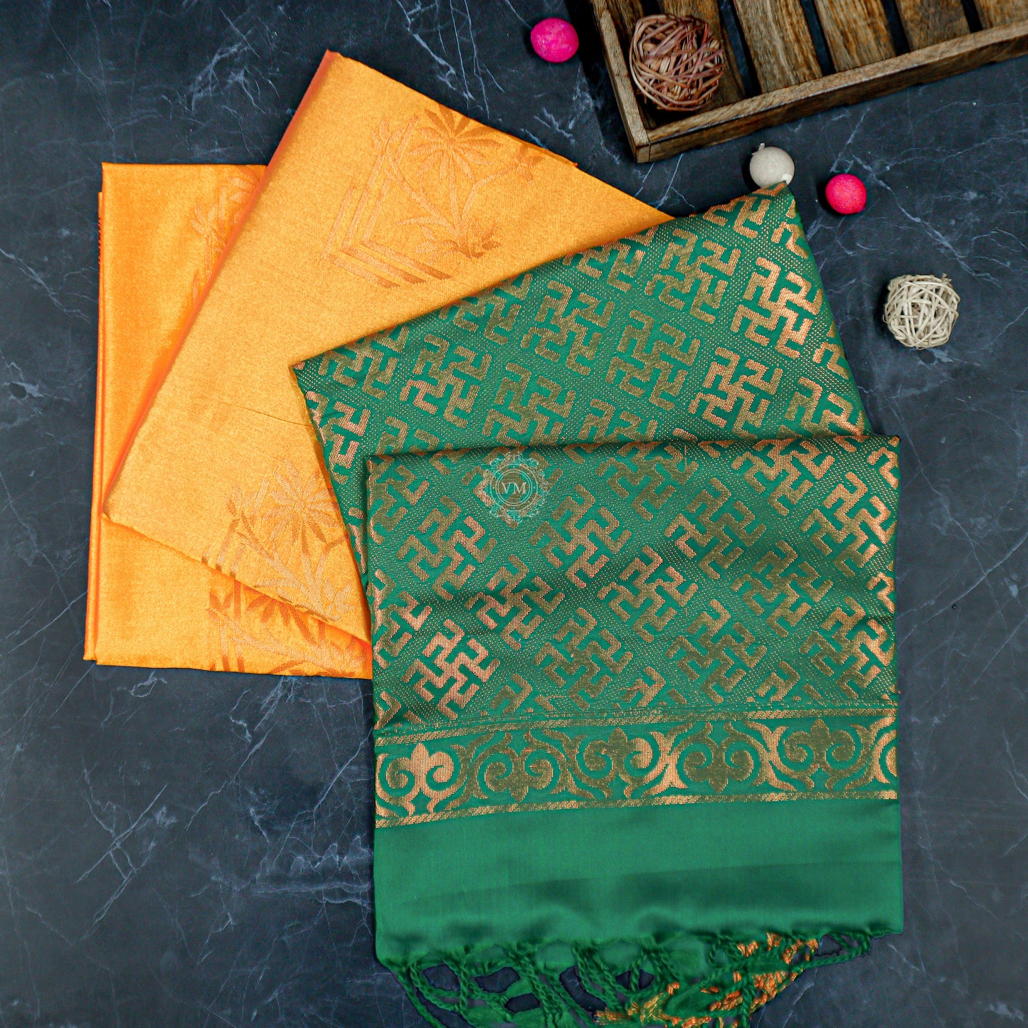 VM23083531 Yellowish with Green Semi soft silk saree