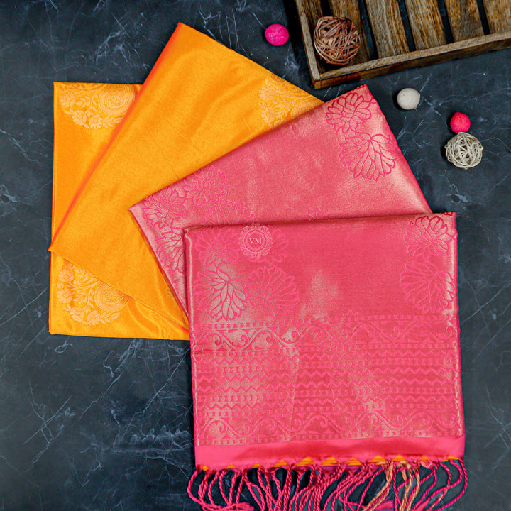 VM23083525 Yellowish orange with Pinkish Semi soft silk saree