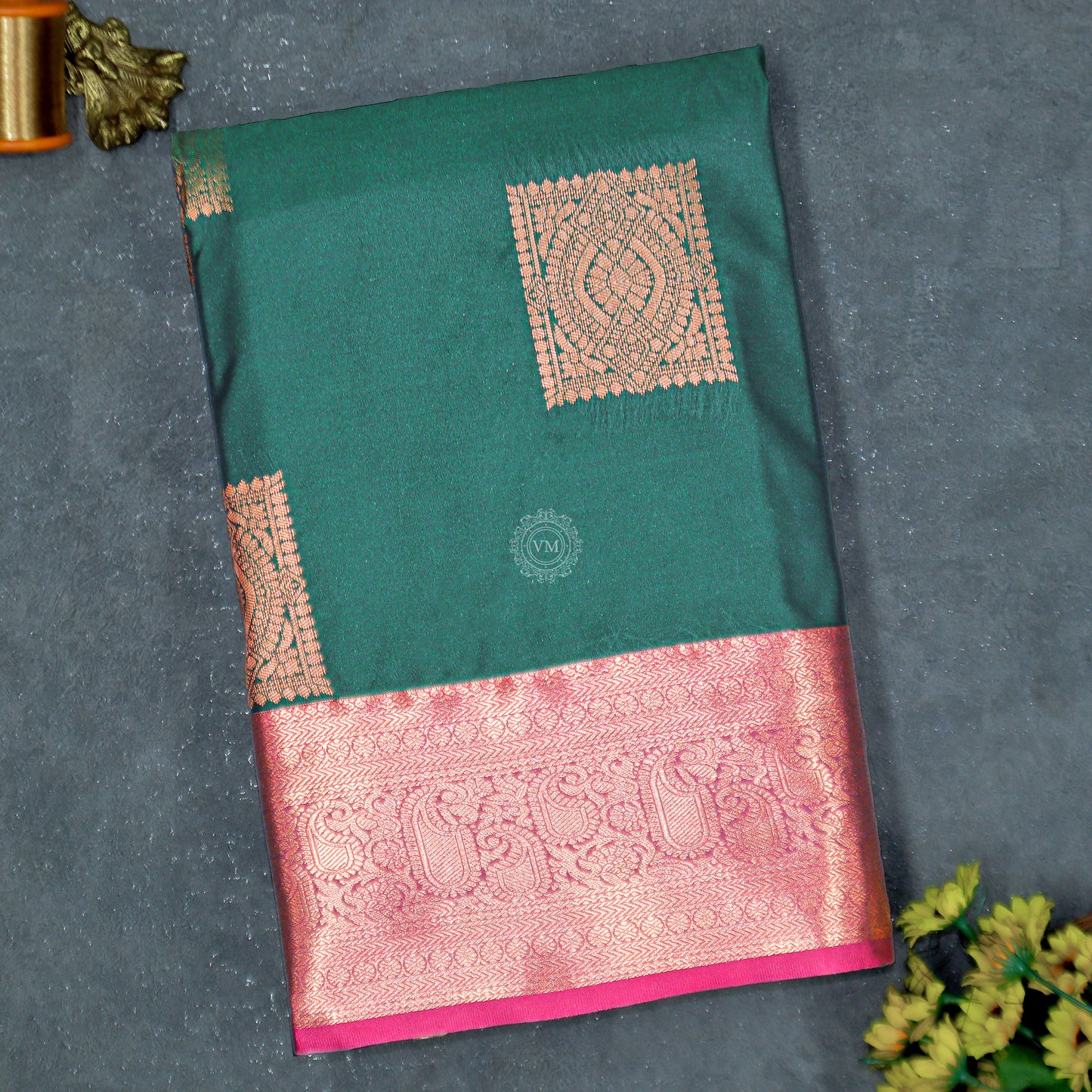 VM23083952 Dark green with red Semi silk saree