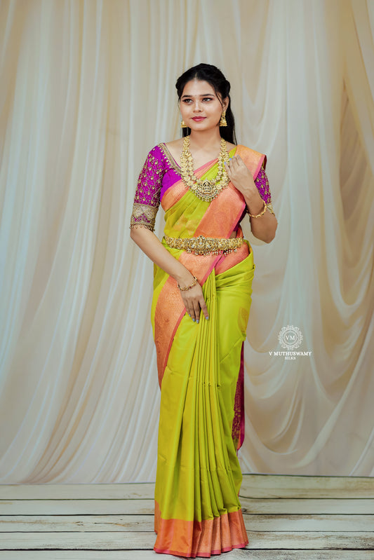 Lemon Green with Pink Semi Soft Silk Saree