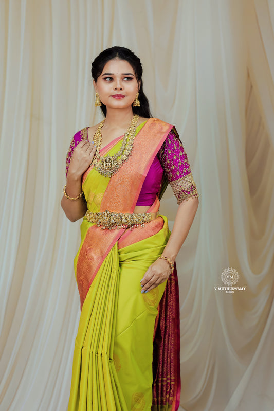 Lemon Green with Pink Semi Soft Silk Saree