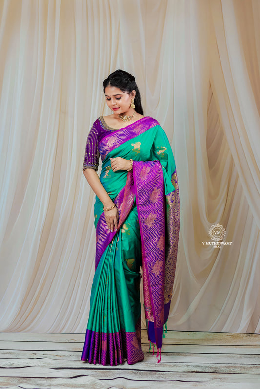 Liril Green with Purple Semi Soft Silk Saree