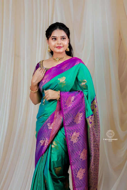 Liril Green with Purple Semi Soft Silk Saree