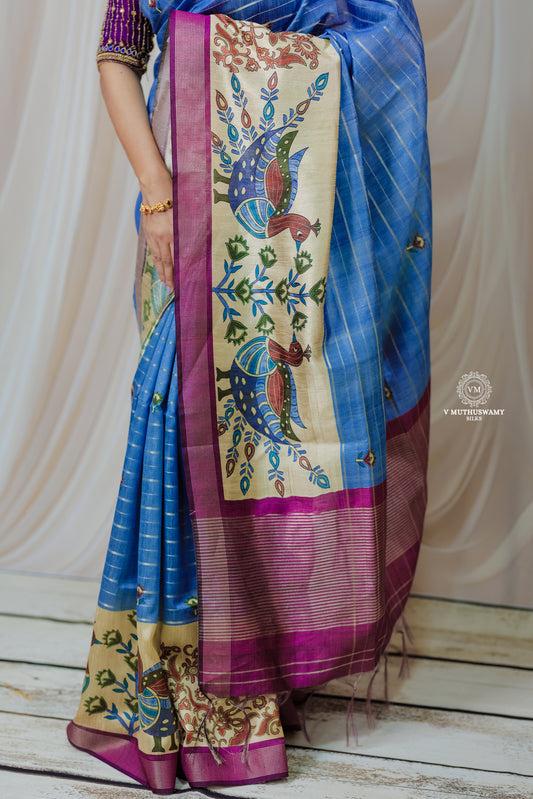 Blue with pink Semi Tussar Silk Saree
