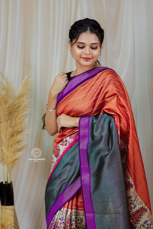 Orange with Purple Semi Tussar Silk Saree