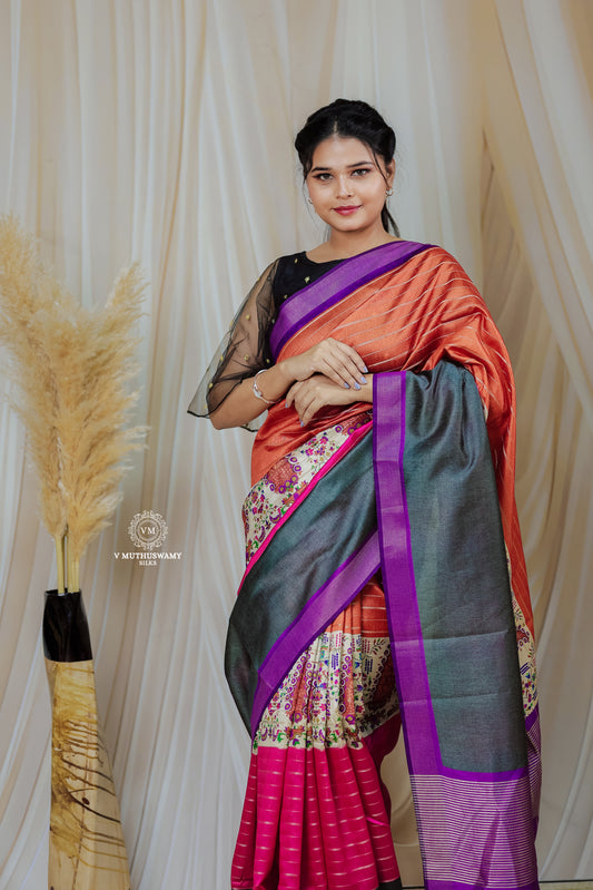 Orange with Purple Semi Tussar Silk Saree