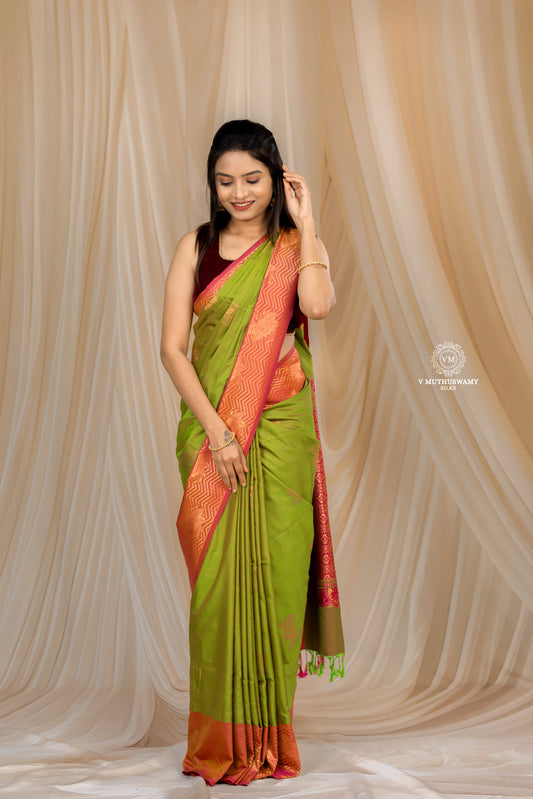 Parrot Green with Orange  Semi Soft Silk Saree