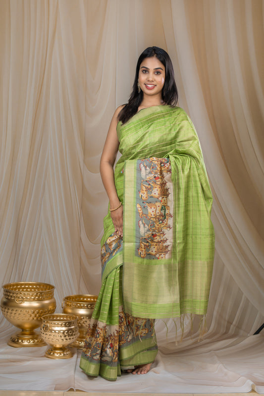 Parrot Green Semi Tussar Silk Saree