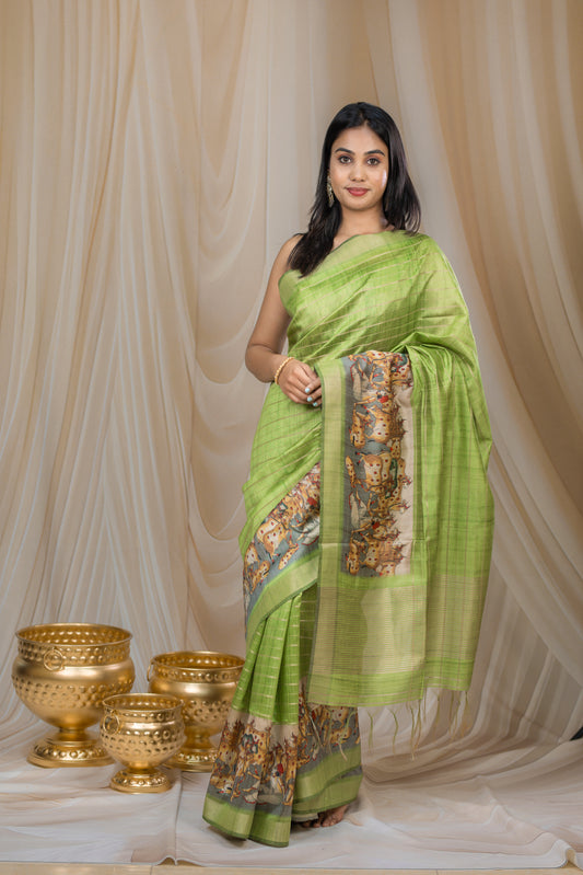 Parrot Green Semi Tussar Silk Saree