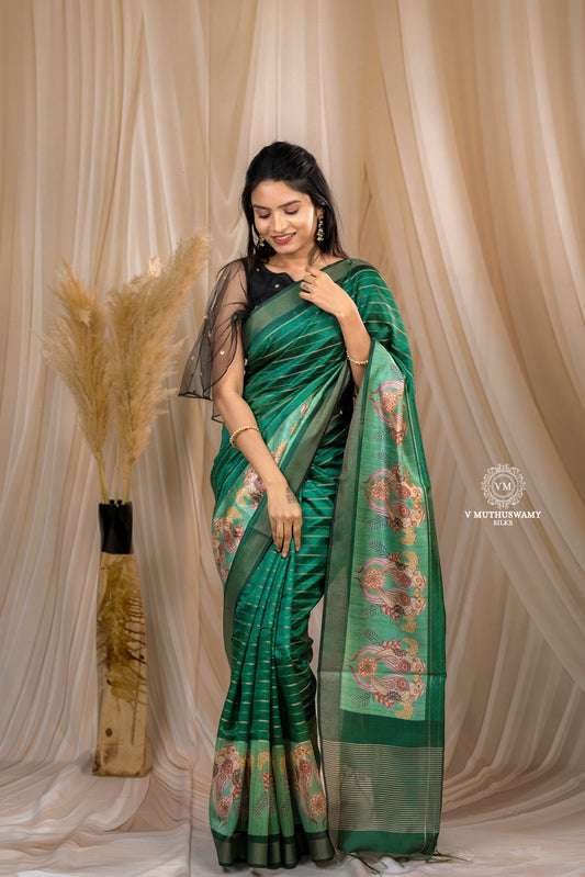 Dark Green  Semi Tussar Silk Saree