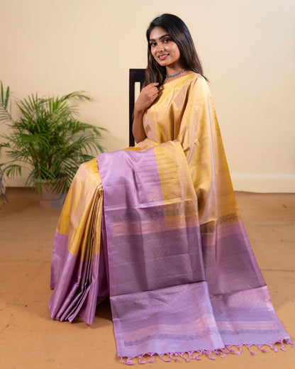 Handloom golden yellow with purple colour soft silk saree