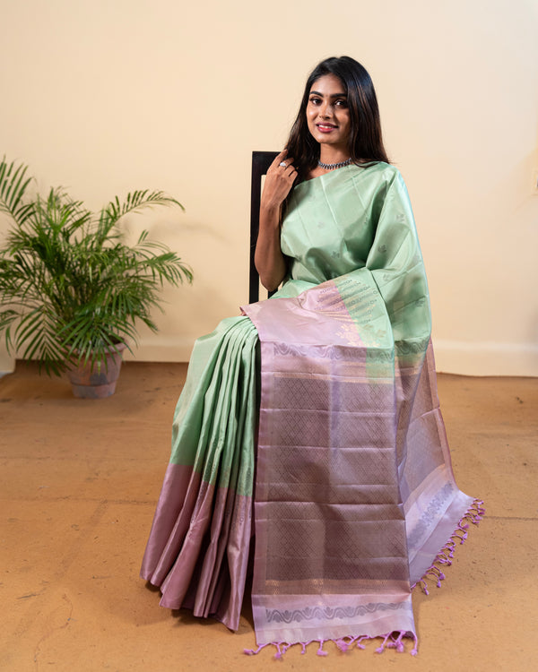 Handloom Olive green with purple colour soft silk saree