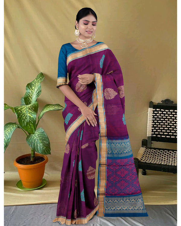 Handloom Silk cotton saree Wine Berry and Prussian Blue colour pallu