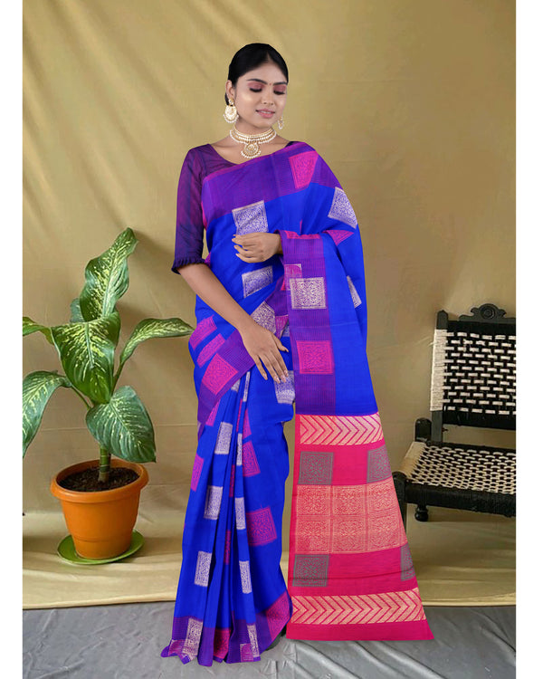 Handloom Silk cotton saree Cobalt Blue and Violet Red colour pallu