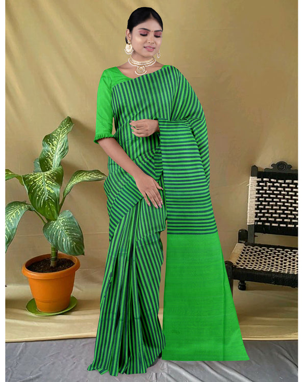 Handloom Silk cotton saree green colour with straights line