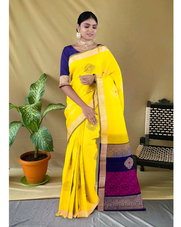 Handloom Silk cotton saree Golden Yellow and Night Blue colour pallu