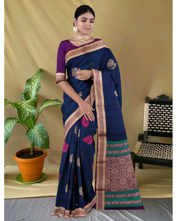 Handloom Silk cotton saree Blue Zodiac and Dark purple colour pallu