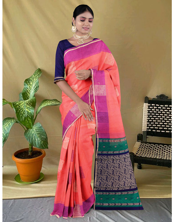 Handloom Silk cotton saree Valentine Red and Dark Indigo colour pallu