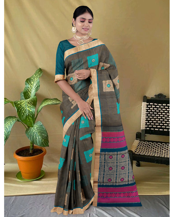 Handloom Silk cotton saree Fuscous Grey and Blue Whale colour pallu