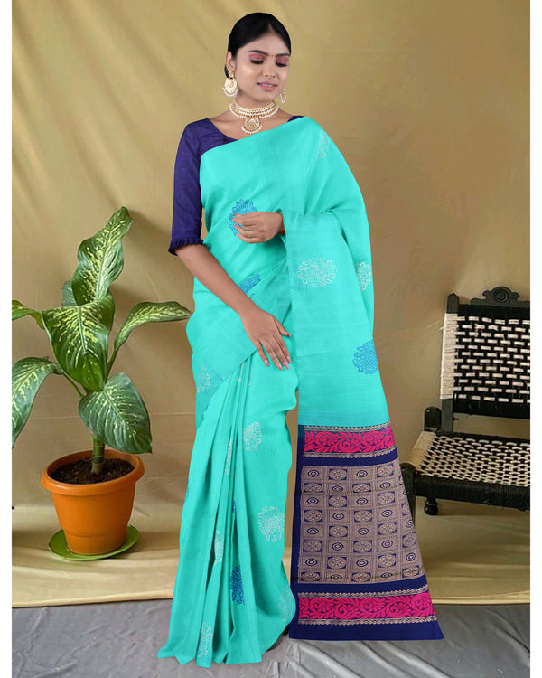 Handloom Silk cotton saree Macaw Blue Green and  Dark Indigo colour pallu