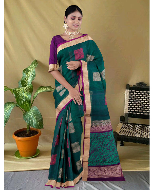 Handloom Silk cotton saree Gable Green and Dark Purple colour pallu
