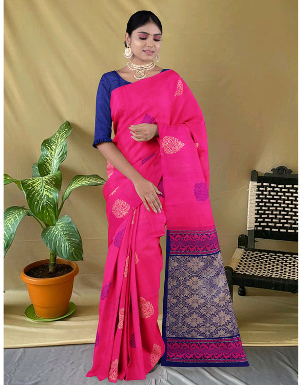 Handloom Silk cotton saree pink colour and  blue colour pallu