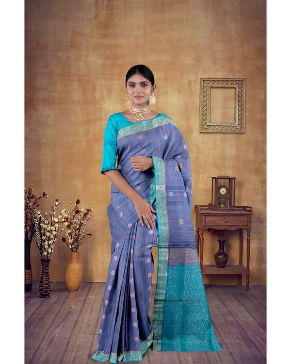 Handloom Soft Silk Saree Jet Grey with Teal Blue pallu