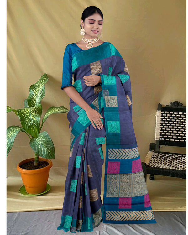 Handloom Silk cotton saree Nile Blue and Venice Blue colour pallu